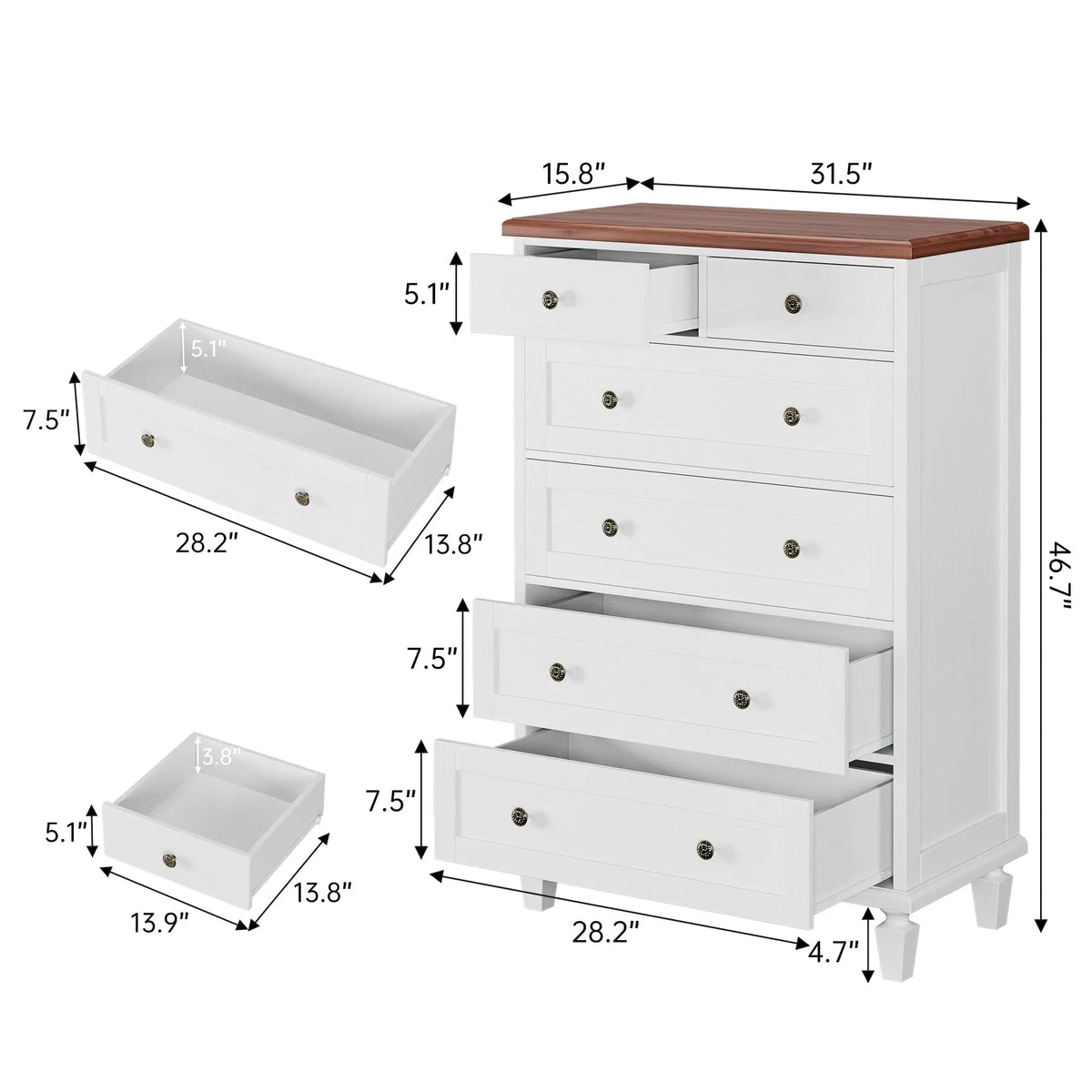 47 Inch 6 Drawer Dresser For Bedroom, Vintage White Chest Of Drawers With Carved Metal Handles, Tapered Legs & Large Storage