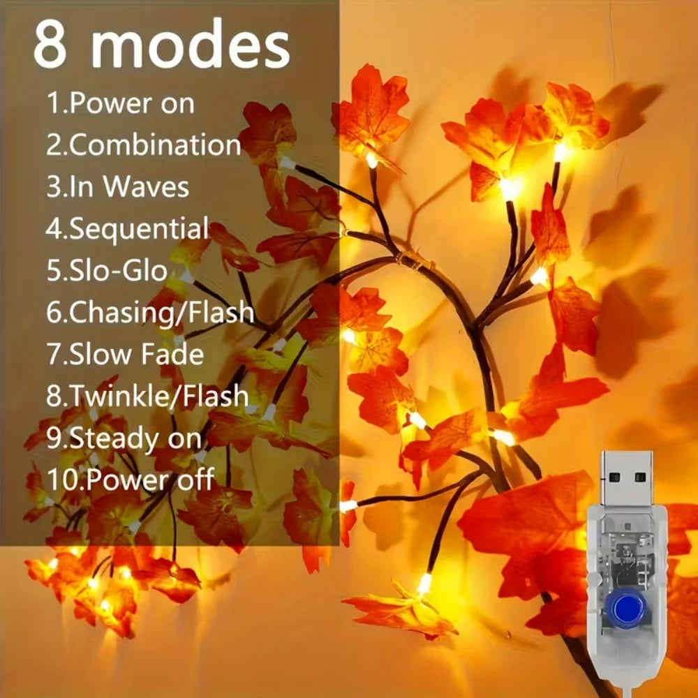 USB Maple Leaf Twig Branch Garland 48 LED Autumn String Lights Flexible Vine with 8 Lighting Modes for Indoor Thanksgiving Decor