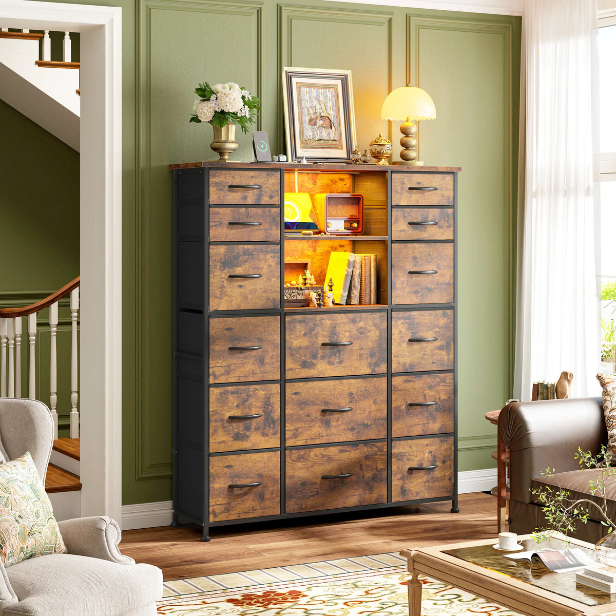 EnHomee 51" Tall Storage Organizer – 15 Fabric Drawers, Charging Station & LED, Hutch & Wood Top – Versatile Dresser for Bedroom, Living Room, or Multi-Room