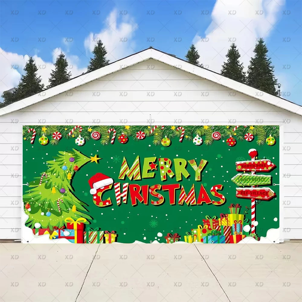 Christmas Large Garage Door Cover Backdrop Xmas Party Decoration Background Winter Yard New Year Party Wall Decor Banner Props