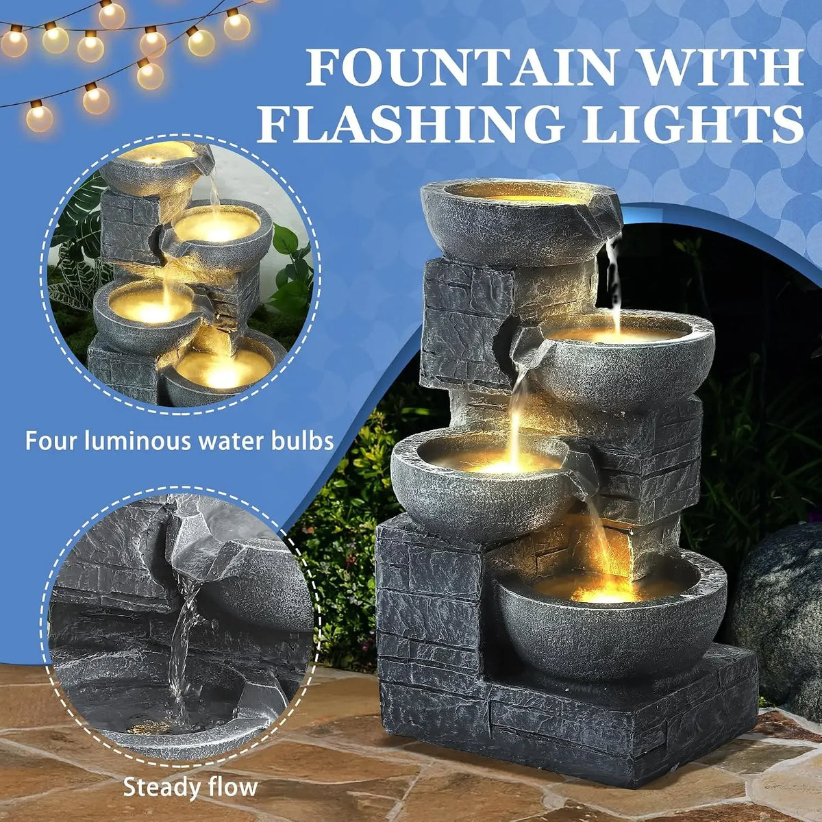 Outdoor Water Fountains, 4-Tier Fountains and Waterfalls with Lights | Indoor/Outdoor Garden Cascading Rock, Floor Standing Wate