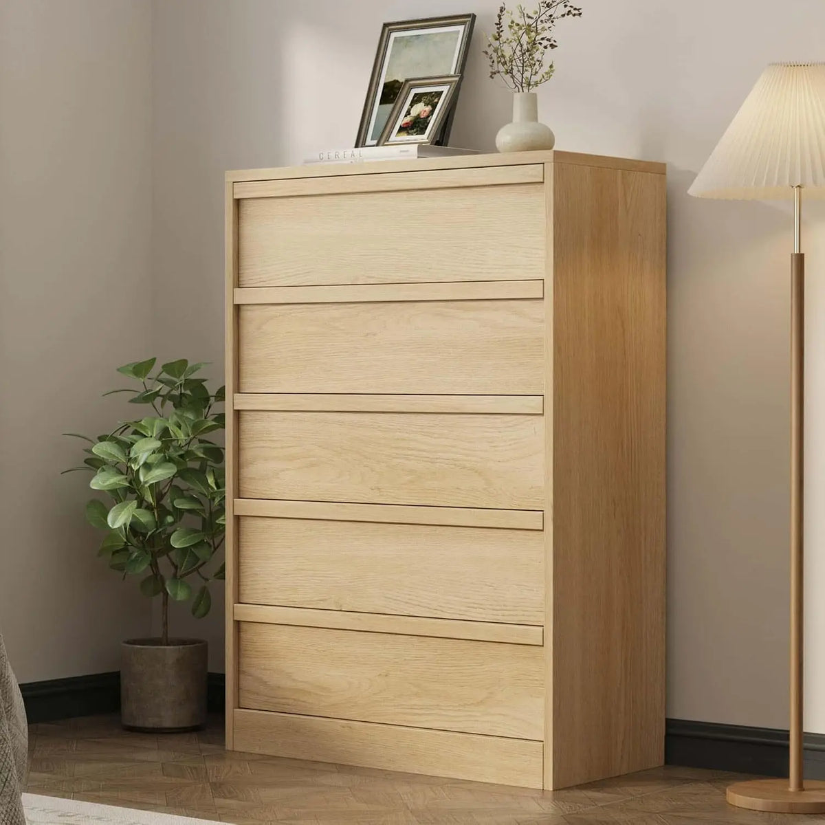 43.3" Tall 5-Drawer Chest Dresser – Freestanding Wooden Storage Cabinet with Drawers, Natural Oak, for Bedroom, Living Room, Hallway, Entryway