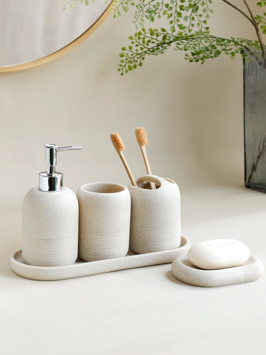 5Pcs Bathroom Accessories set  Lotion Dispenser Toothbrush Holder Tray Tumbler Cup Soap Dish Beige and Grey